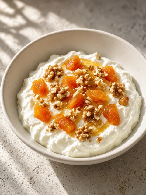Yoghurt bowl with chopped dried apricots and nuts