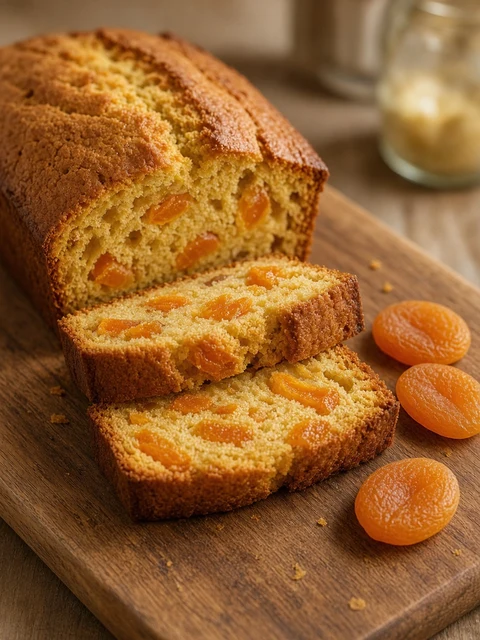 Apricot loaf cake sliced on a board