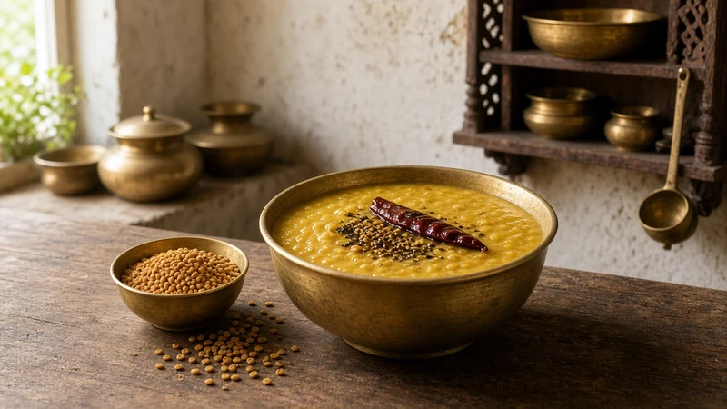 Bowl of yellow dal with a fenugreek seed tempering and a heap of fenugreek seeds