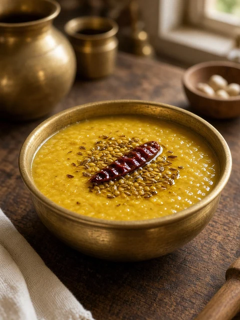 Bowl of yellow dal with a fenugreek seed tempering