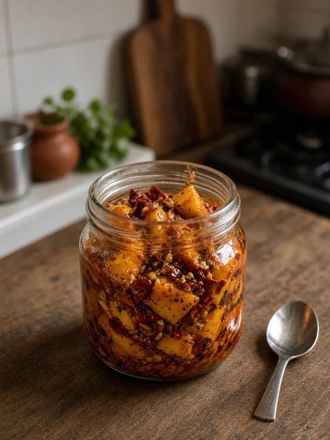 Jar of spicy mango pickle with fenugreek seeds