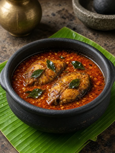 South Indian fish curry in a clay pot