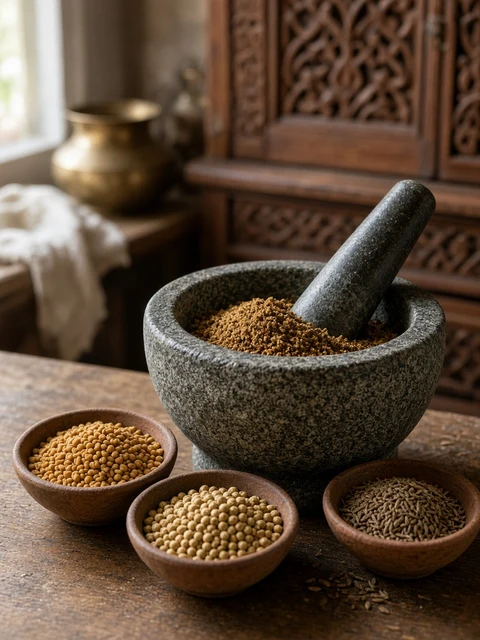 Stone mortar with ground roasted spice blend