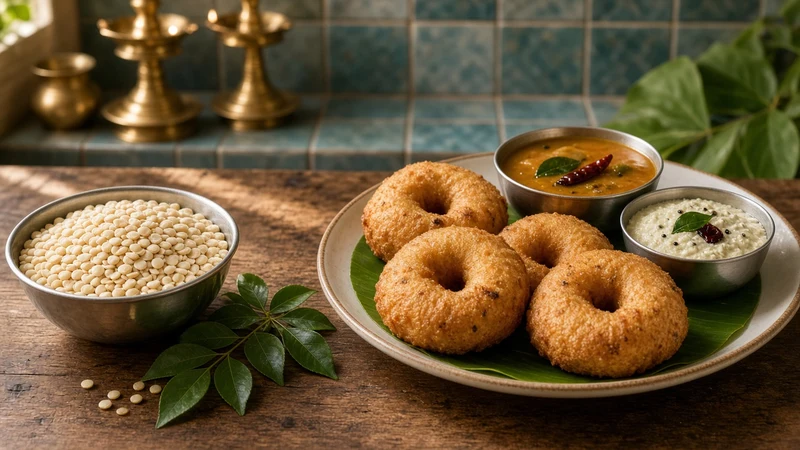 Plate of crisp medu vada with coconut chutney and sambar and a heap of urad dal