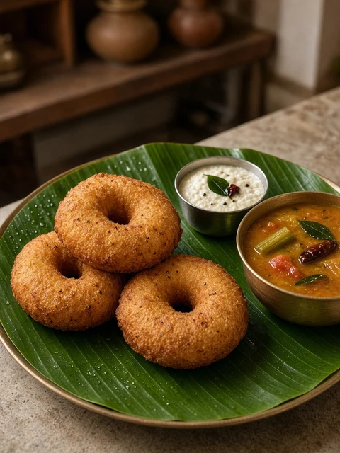 Plate of crisp medu vada with coconut chutney and sambar