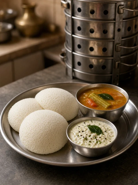 Plate of soft steamed idli with chutney and sambar