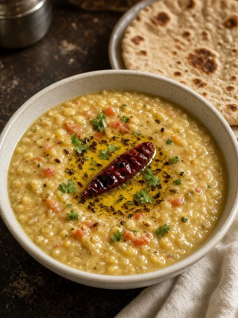 Bowl of urad dal with cumin and dried chilli tempering