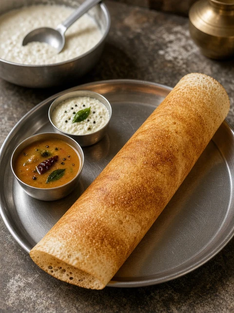 Crisp dosa with chutney, sambar and dosa batter