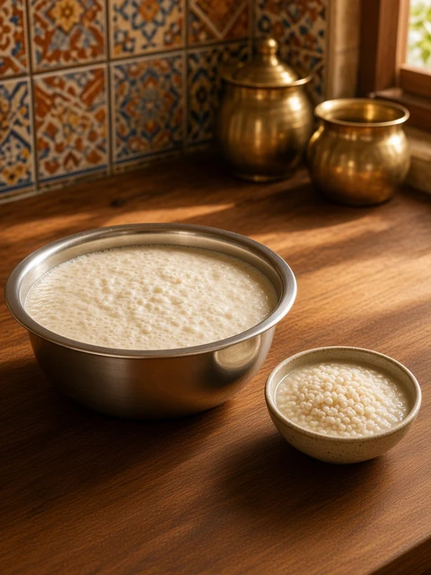Steel bowl of fermented dosa batter with soaked urad dal