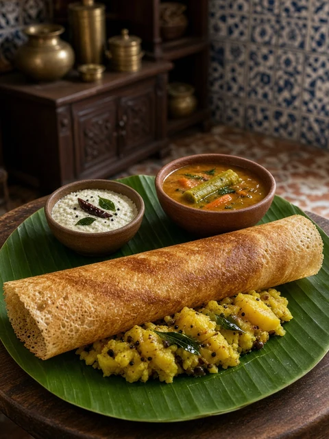 Crisp masala dosa with potato filling, chutney and sambar on a banana leaf