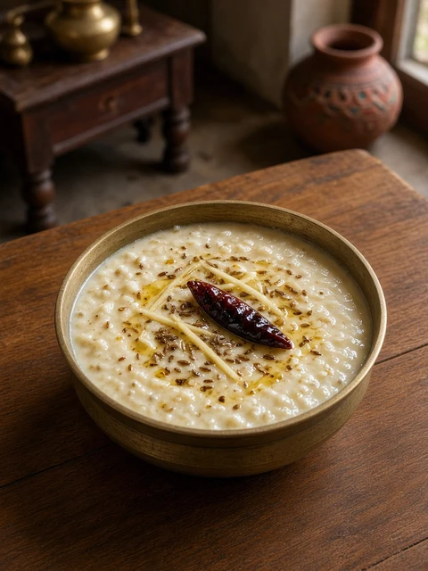 Bowl of creamy white urad dal with cumin, ginger and dried red chilli tempering
