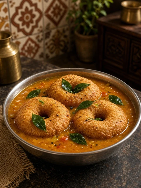 Crisp medu vada soaked in sambar in a steel bowl