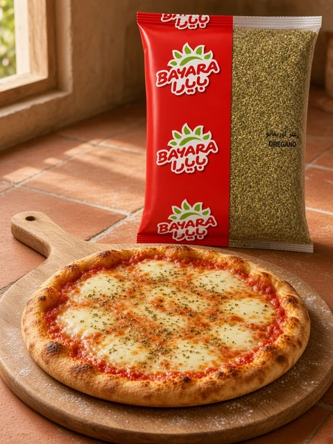 Margherita pizza with tomato, mozzarella and dried oregano beside a bag of Bayara Oregano