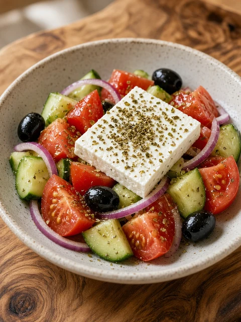 Greek salad with tomato, cucumber, olives and feta sprinkled with oregano