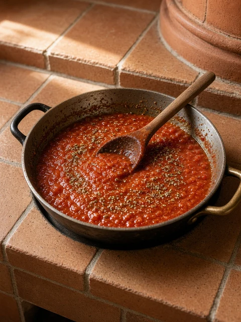 Pan of simmering tomato sauce with dried oregano