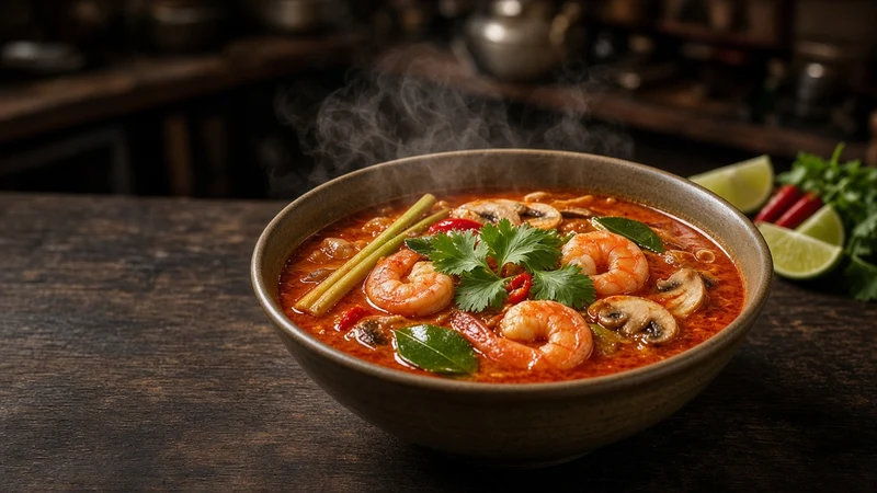 Clear tom yum soup with prawns, mushrooms, lemongrass and chilli