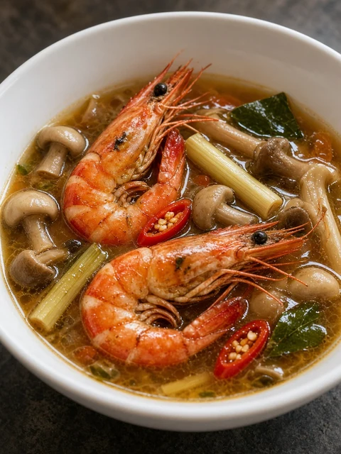 Clear tom yum soup with prawns, mushrooms, lemongrass and chilli