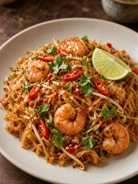 Tom yum stir-fried rice noodles with prawns, chilli and lime