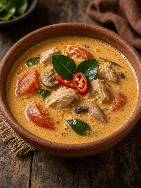 Creamy tom yum soup with chicken, mushrooms and tomato