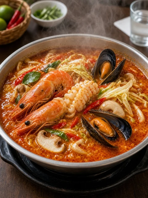 Seafood hot pot with prawns, squid and mussels in red broth