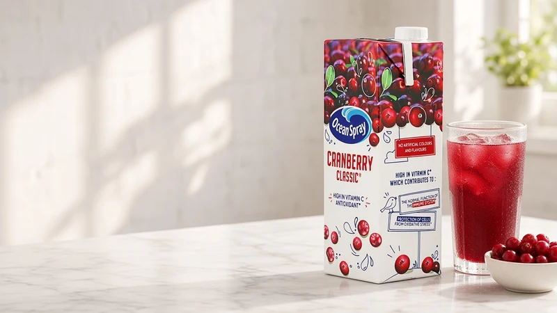 Glass of cranberry juice with ice beside the carton and an Ocean Spray Cranberry Classic 1 litre carton