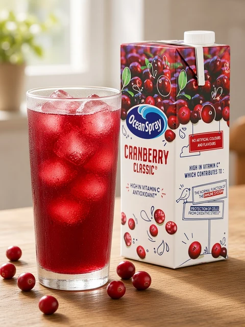 Glass of cranberry juice with ice beside the carton beside an Ocean Spray Cranberry Classic 1 litre carton