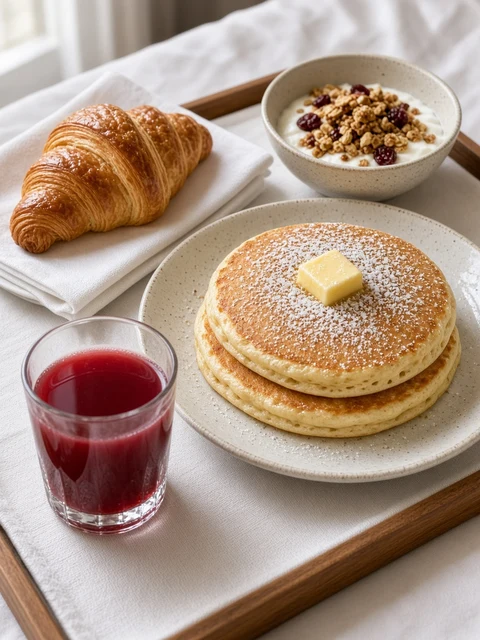 Breakfast tray with cranberry juice, pancakes, yogurt and croissant