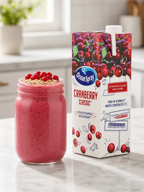Cranberry banana smoothie in a jar beside the carton beside an Ocean Spray Cranberry Classic 1 litre carton