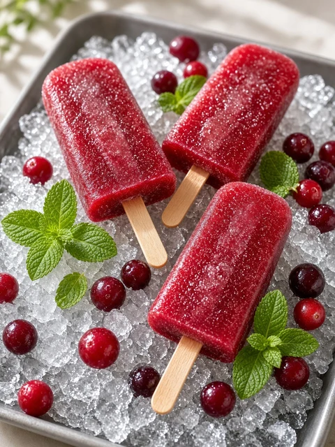 Cranberry ice lollies on crushed ice with mint