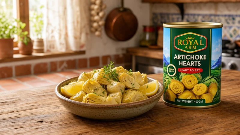 Grilled artichoke hearts with lemon zest and parsley and a Royal Arm Artichoke Hearts 400gm tin