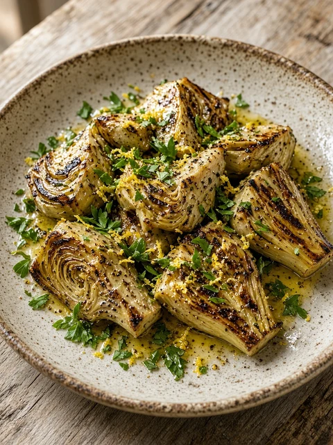 Grilled artichoke hearts with lemon zest and parsley