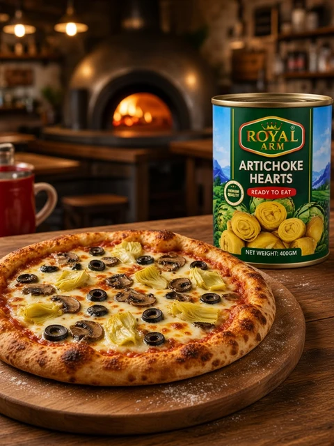 Pizza with artichoke hearts, olives and mushrooms beside the tin beside a Royal Arm Artichoke Hearts 400gm tin