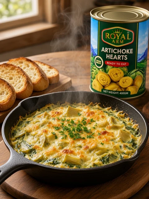 Baked spinach and artichoke dip beside the tin beside a Royal Arm Artichoke Hearts 400gm tin