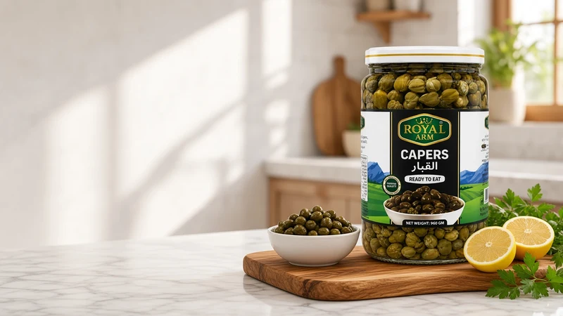 Pan-seared white fish fillet with lemon butter caper sauce beside the jar and a Royal Arm Capers 960gm jar