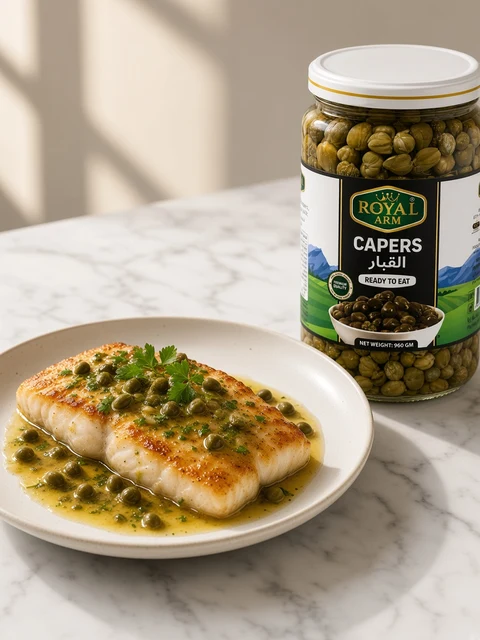 Pan-seared white fish fillet with lemon butter caper sauce beside the jar beside a Royal Arm Capers 960gm jar