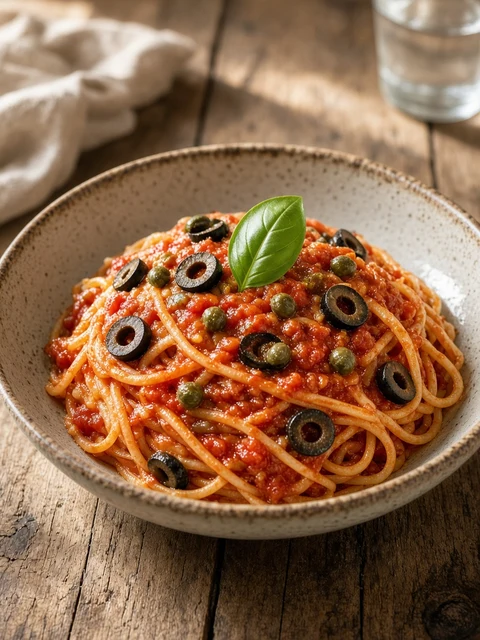 Spaghetti with tomato sauce, olives and capers