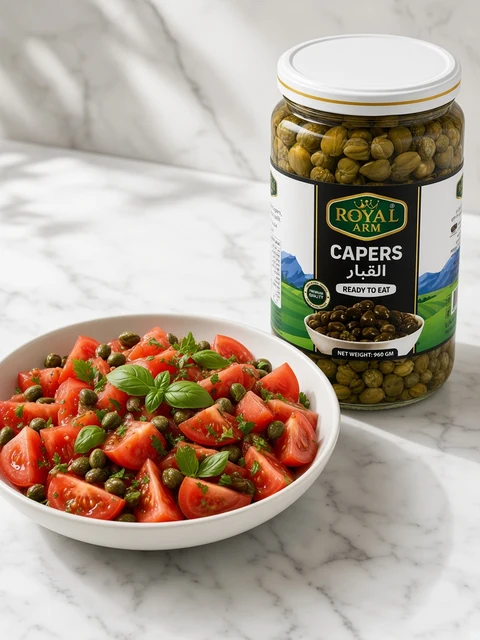 Fresh tomato and herb salad topped with capers beside the jar beside a Royal Arm Capers 960gm jar