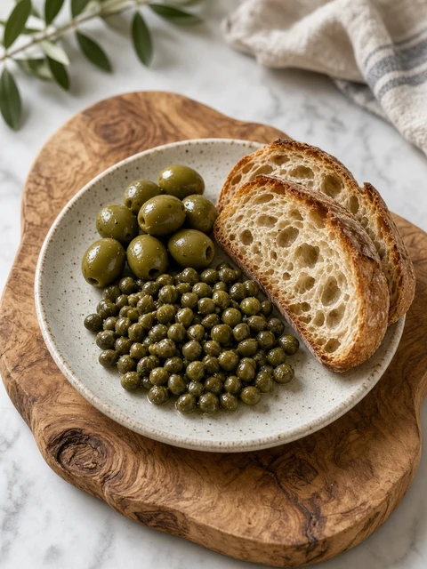 Small plate of capers with green olives and crusty bread