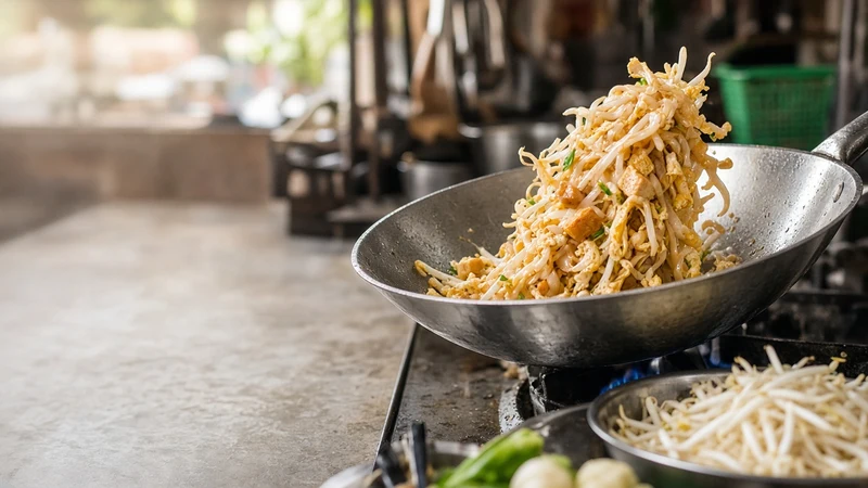 Plate of pad Thai with shrimp, peanuts and lime