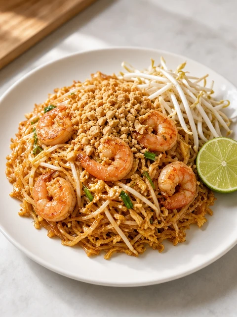 Plate of pad Thai with shrimp, peanuts and lime