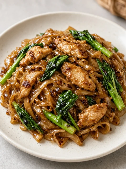 Pad see ew wide rice noodles with chicken and Chinese broccoli