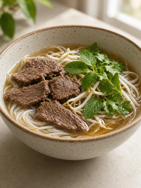 Bowl of rice noodle soup with beef slices and herbs