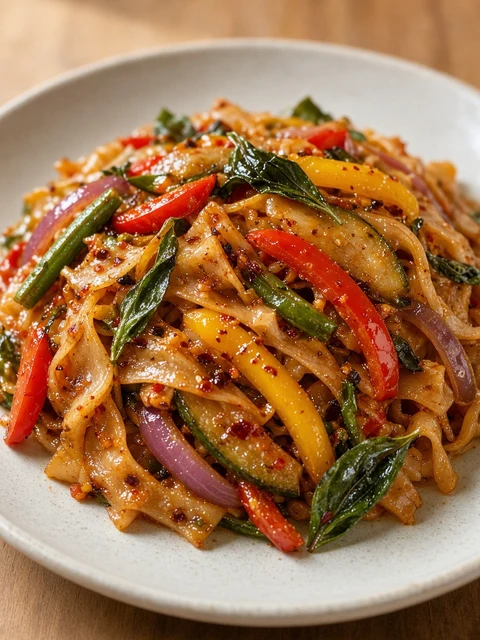 Spicy basil stir-fried wide rice noodles with vegetables