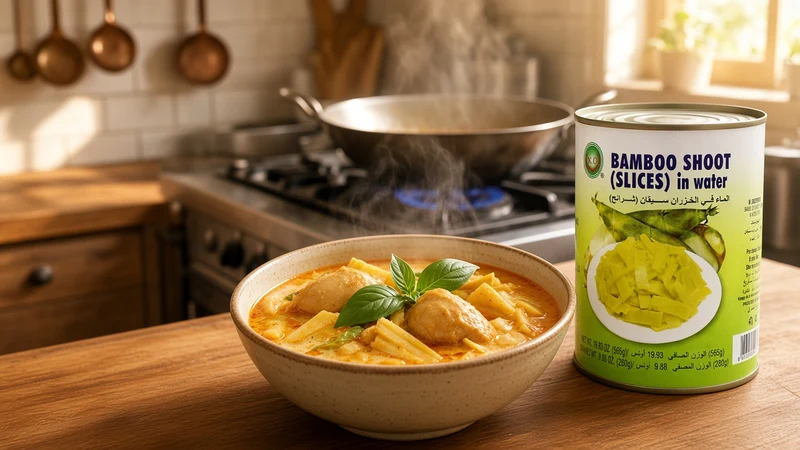 Bowl of Thai red curry with chicken and bamboo shoots and a can of XO Bamboo Shoot Slices