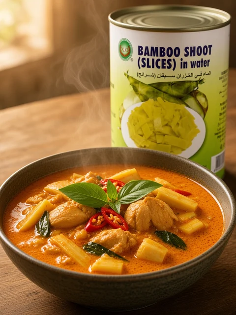Bowl of Thai red curry with chicken and bamboo shoots beside a can of XO Bamboo Shoot Slices