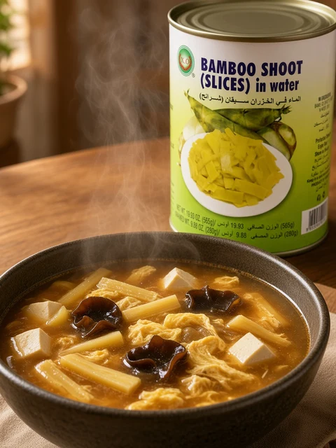 Bowl of hot and sour soup with bamboo shoots beside a can of XO Bamboo Shoot Slices