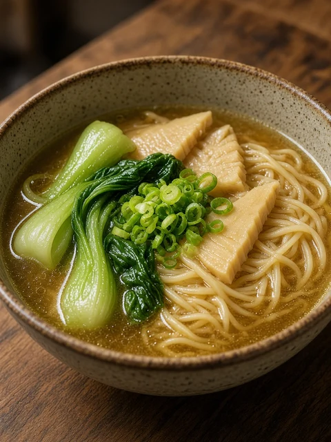 Noodle bowl topped with bamboo shoots and greens