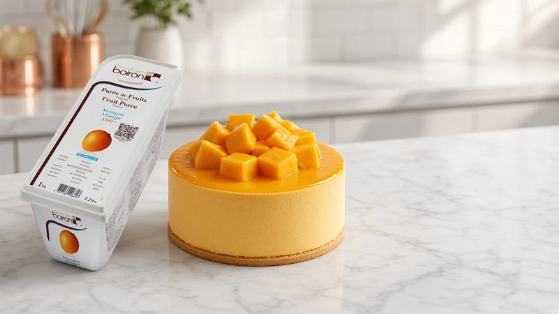 Mango mousse cake with glossy mango glaze and a tub of Boiron Mango Fruit Puree