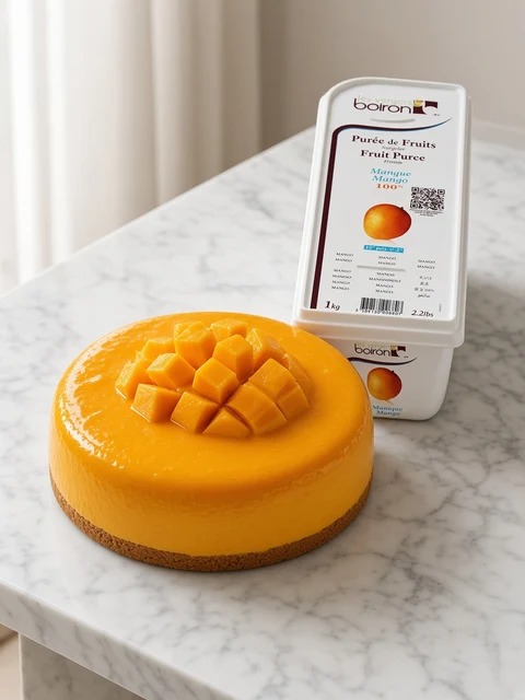 Mango mousse cake with glossy mango glaze beside a tub of Boiron Mango Fruit Puree