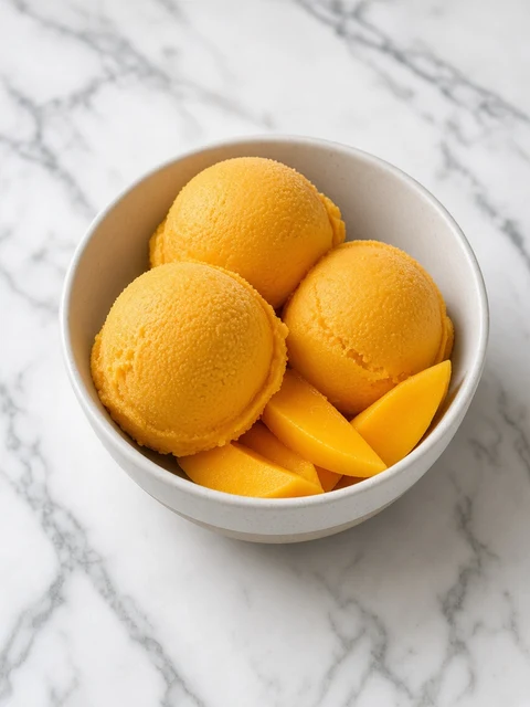 Scoops of mango sorbet in a bowl